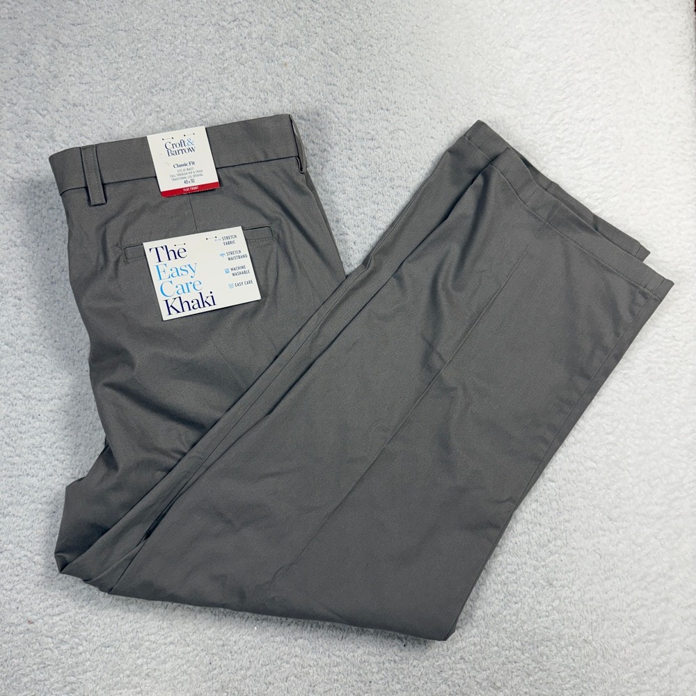 Croft & Barrow Mens 40x30 Classic Fit Flat Front Easy Care Khaki Pants NWT Gray